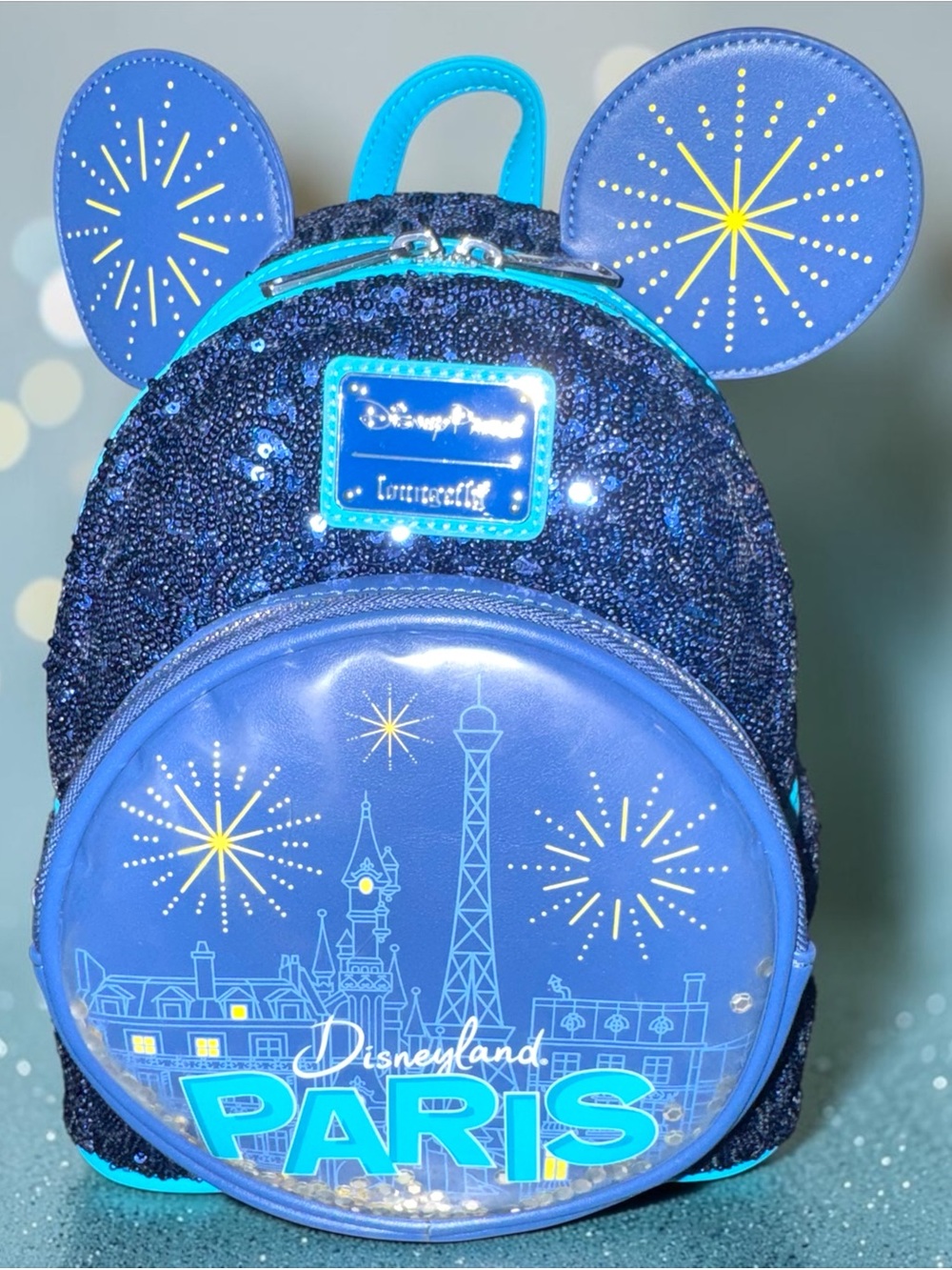 Loungefly Mickey and Minnie Disneyland Parks Blue Sequin Paris Mini Backpack